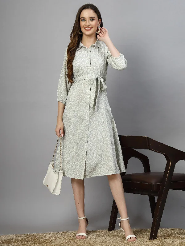 Midi Dresses for spring brunch-SMERA MART Women's 100% Polyester Collar Neck Half Sleeve Printed Midi Shirt Dress - Mint Green