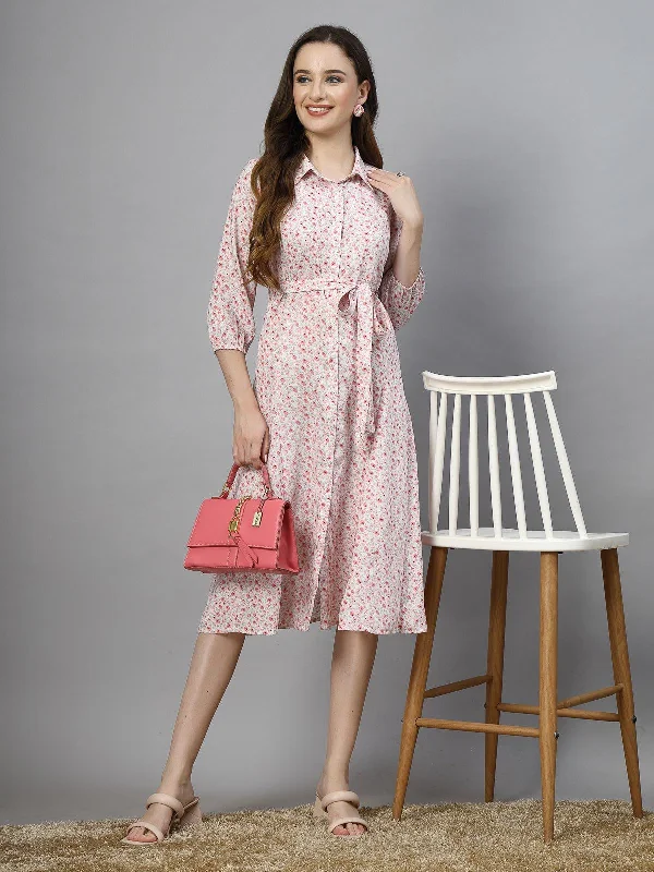 Midi Dresses for spring fashion trends-SMERA MART Women's 100% Polyester Collar Neck Half Sleeve Printed Midi Shirt Dress - Pink