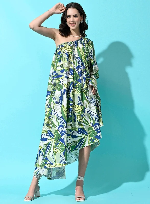 Midi Dresses for casual family events-SMERA MART Women's Rayon One Piece Printed Flowy Beach Wear Midi Dress - Green