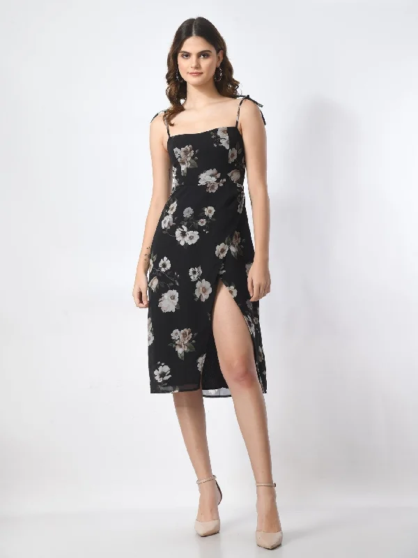 Midi Dresses for spring garden parties-SMERA MART Women's Stylish Black Floral A Line Knee Length Dress