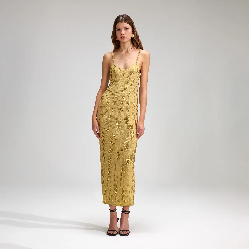 Midi Dresses for trendy summer gatherings-Yellow Rhinestone Mesh Midi Dress